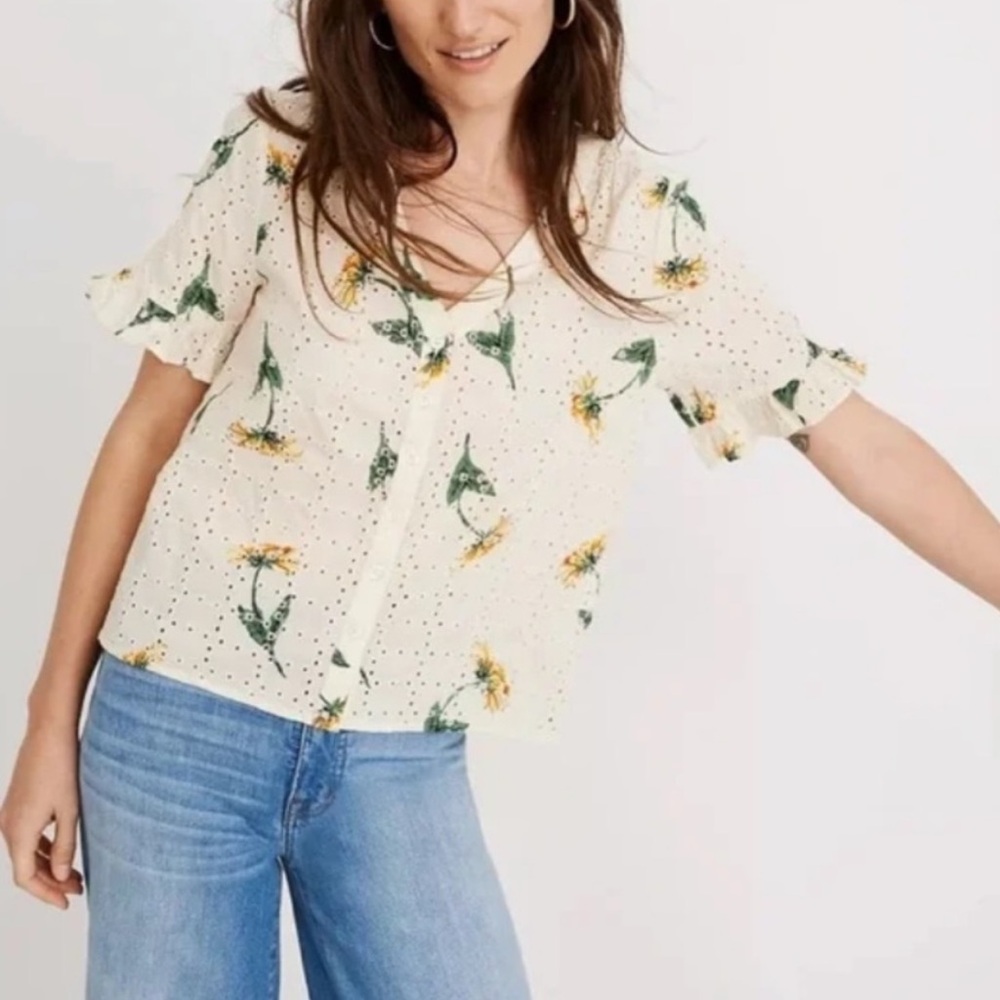 Madewell Eyelet Village Ruffle-Sleeve Blouse in Sunflower  Scatter